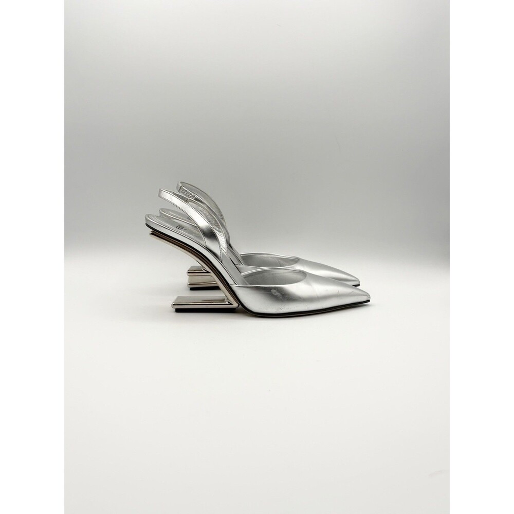 Fendi First Silver Leather Metallic Slingback Pointed Toe Heels Size EU 36